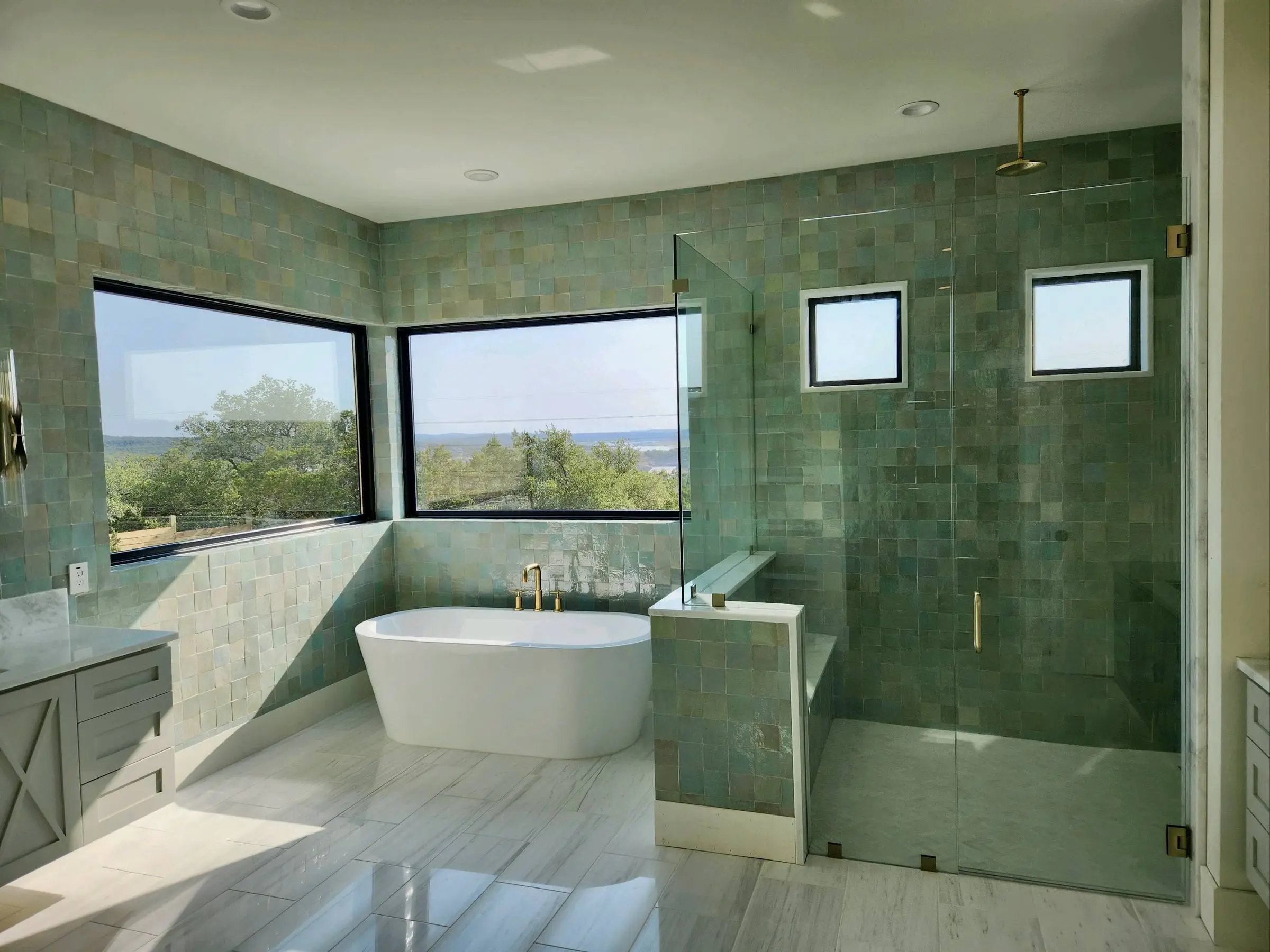 A frameless glass shower and a freestanding tub in a bathroom tiled floor to ceiling in green zellige, with Hill Country visible through the corner windows.